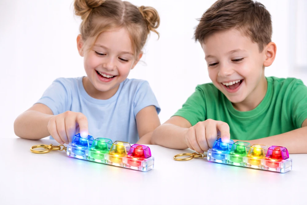 Drobiazgarnia Antistresinis Clicker Keychain Fidget 4 jungikliai Clicker LED apšvietimo klaviatūra