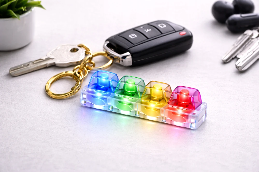 Drobiazgarnia Antistresinis Clicker Keychain Fidget 4 jungikliai Clicker LED apšvietimo klaviatūra