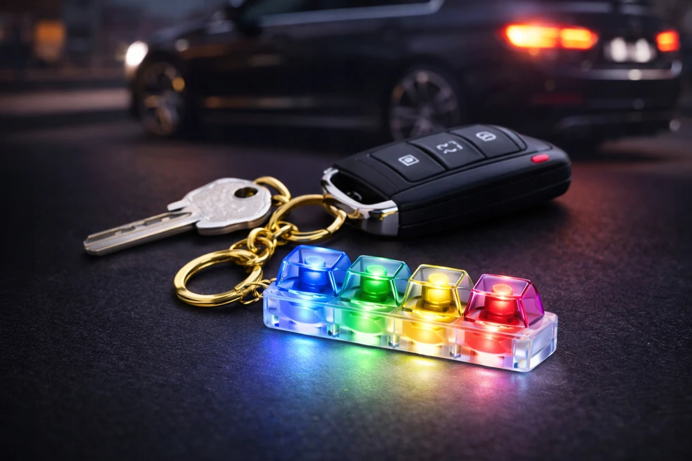 Drobiazgarnia Antistresinis Clicker Keychain Fidget 4 jungikliai Clicker LED apšvietimo klaviatūra