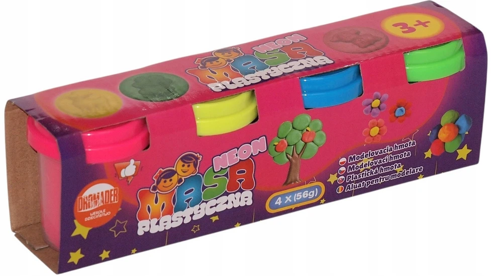 Dromader Lipdymo masė Kids Dough Neon su figūriniais dangteliais, 4 spalvos