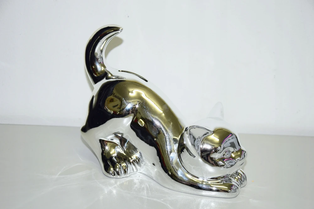 Duwen SKARBONKA CERAMICZNA KOT sidabrinė 18X10X15 CM