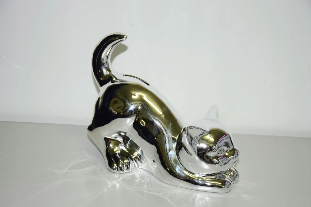 Duwen SKARBONKA CERAMICZNA KOT sidabrinė 18X10X15 CM