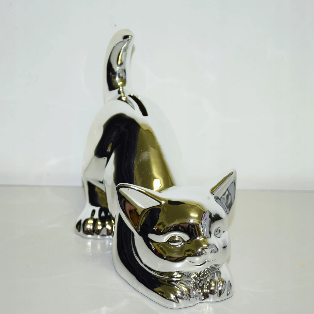 Duwen SKARBONKA CERAMICZNA KOT sidabrinė 18X10X15 CM