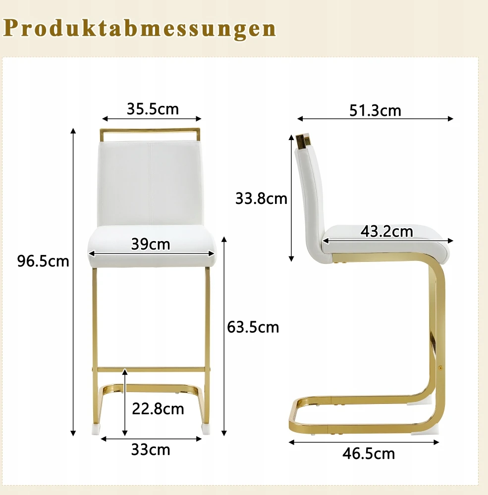 Dvi baltos baro kėdės su auksinėmis metalinėmis kojelėmis, aukštis 96,5 cm
