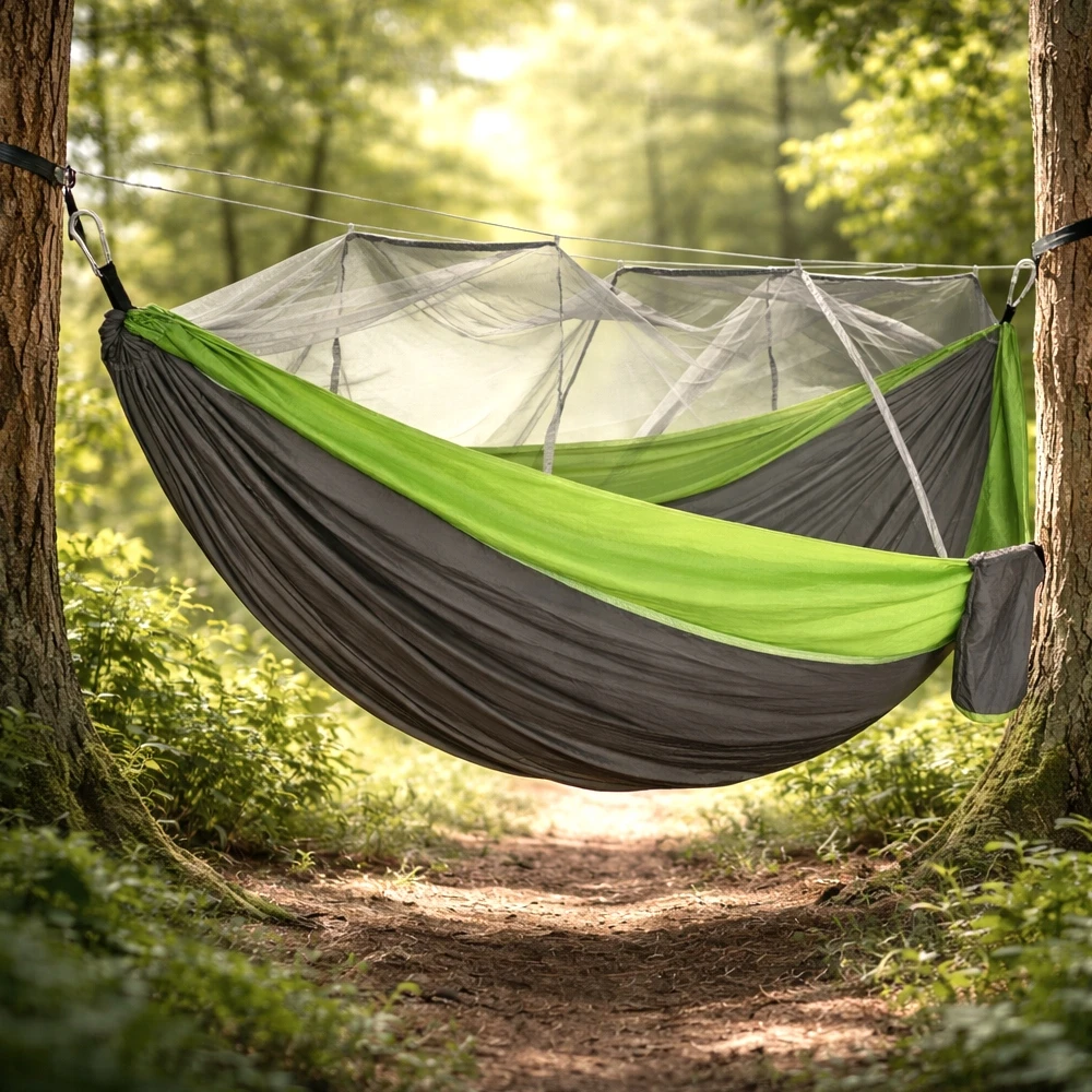 DVIEJI TURISTINIAI PARSIUTINIAI SODO HAMAKAS SU TINKLELIU nuo uodų 270x140cm