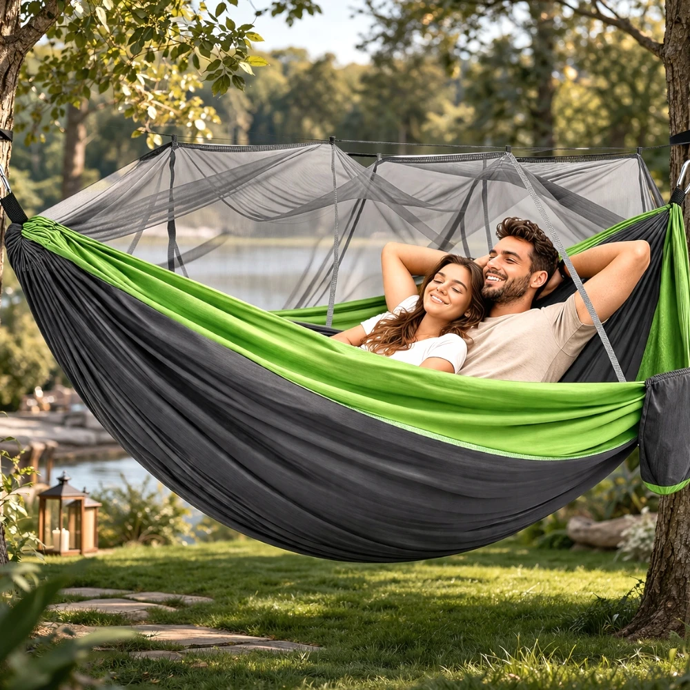 DVIEJI TURISTINIAI PARSIUTINIAI SODO HAMAKAS SU TINKLELIU nuo uodų 270x140cm