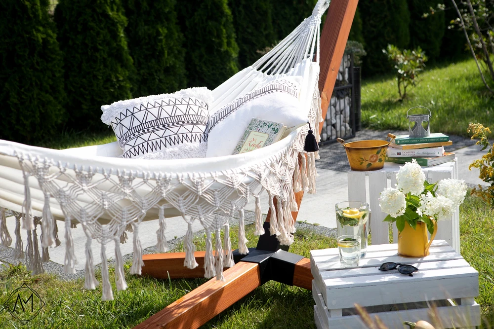 Dviejų asmenų sodo hamakas, medvilninis BOHO, pintas MACRAME šezlongas XL 280x150