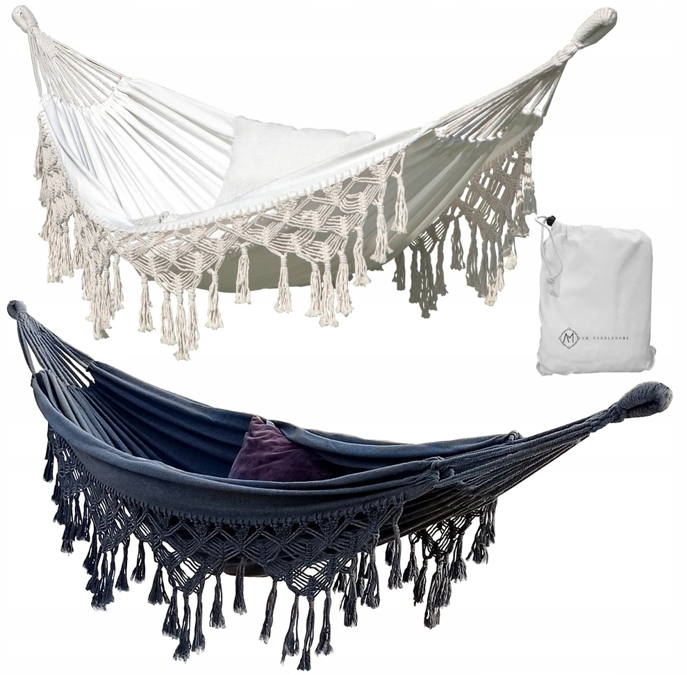 Dviejų asmenų sodo hamakas, medvilninis BOHO, pintas MACRAME šezlongas XL 280x150