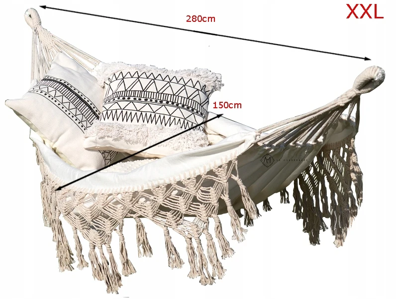 Dviejų asmenų sodo hamakas, medvilninis BOHO, pintas MACRAME šezlongas XL 280x150