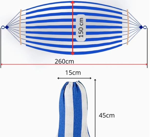 Dviejų asmenų sodo hamakas, mėlynos ir baltos juostelės, 200x150 ir užvalkalas 200 kg