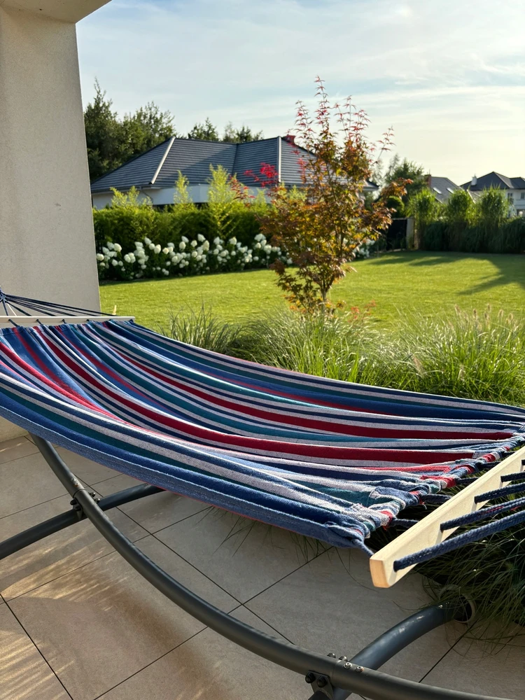 Dviejų asmenų sodo hamakas su skersiniu, 220×160 cm, didelis sodo baras, virvė