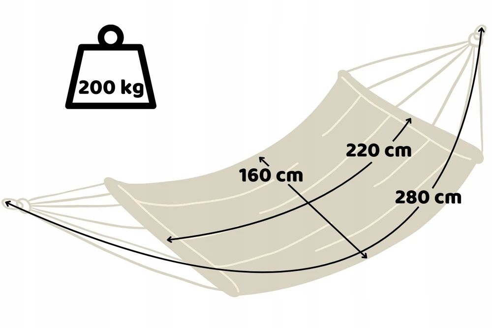 Dviejų asmenų sodo hamakas su skersiniu, 220×160 cm, didelis sodo baras, virvė