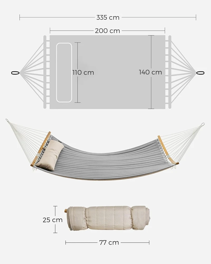 DVIGUBAS SODO HAMAKAS 2 ŽMONĖMS, DAUGTI SU PAGALVĖMIS 225 KG BAMBUKO lazdos