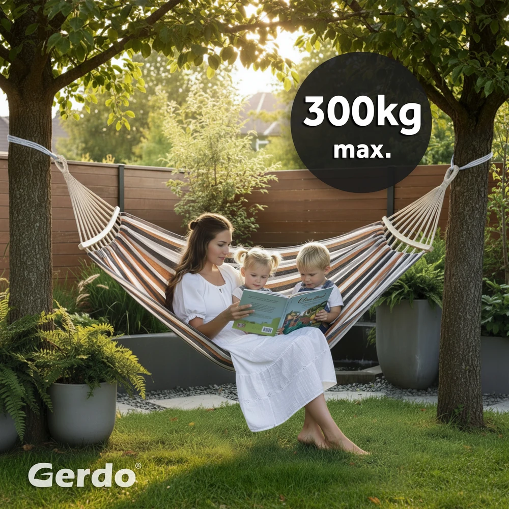 DVIGUBAS SODO HAMAKAS XXL 260X150CM 60CM MEDINIS RĖMAS 300KG