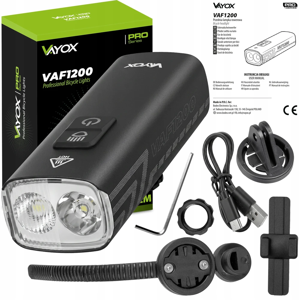 DVIRAČIO PRIEKINIS LEMPAS USB 1200LM LED PRIEKIS PAKRAUJAMAS IPX6 PRO VAYOX