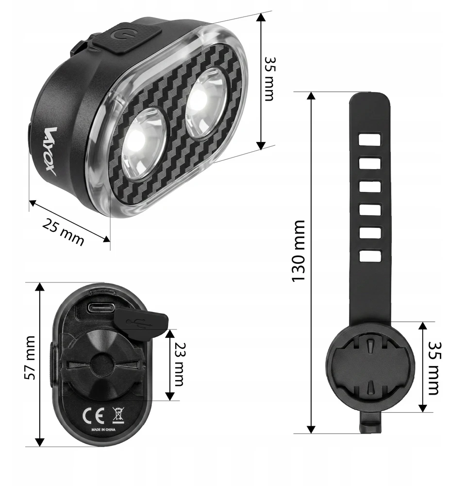 DVIRAČIO PRIEKINIS ŠVIESTAS LED PRIEKINIS ŠVIETIMAS USB ĮKRAUJAMAS IPX6 VAYOX