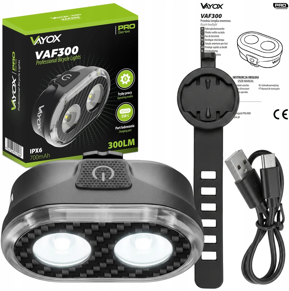DVIRAČIO PRIEKINIS ŠVIESTAS LED PRIEKINIS ŠVIETIMAS USB ĮKRAUJAMAS IPX6 VAYOX