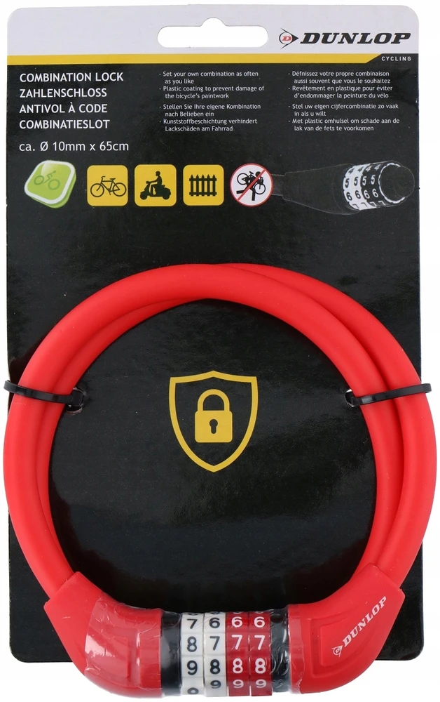 Dunlop Dviračio kabelinė spyna su kombinuotu kodu 65 cm raudona