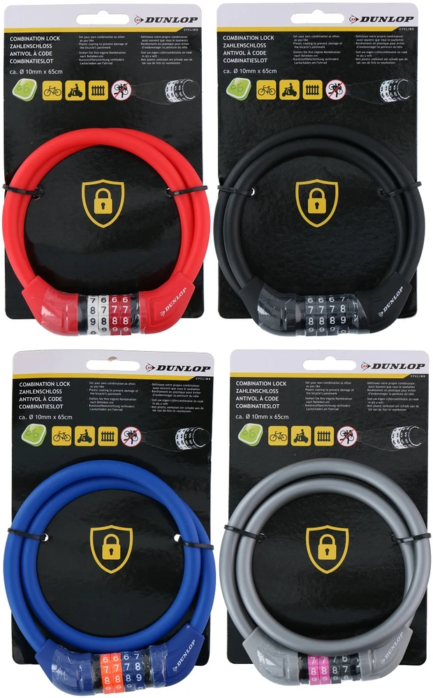 Dunlop Dviračio kabelinė spyna su kombinuotu kodu 65 cm raudona
