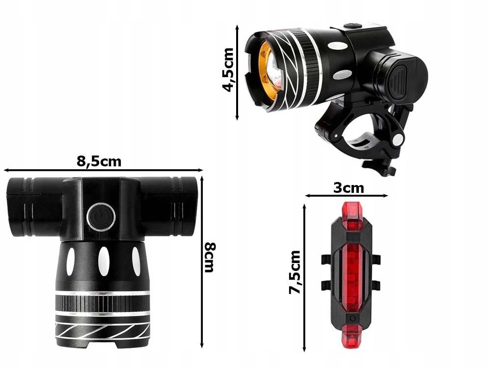 Dviračio žibintų komplektas Priekinis + galinis žibintas - Zoom Baterija + USB laidas