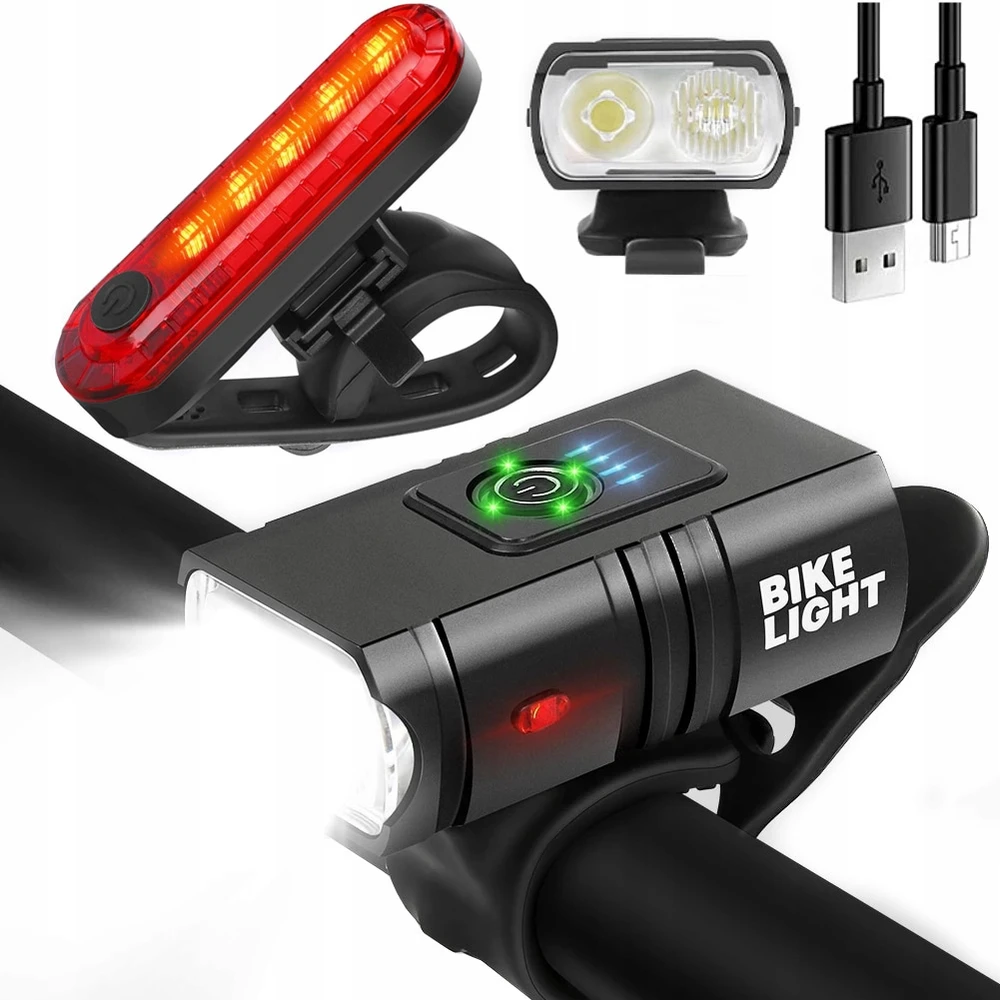 Dviračio žibintų rinkinys LED USB įkraunamas priekinis galinis vandeniui atsparus IPX4 6 režimai