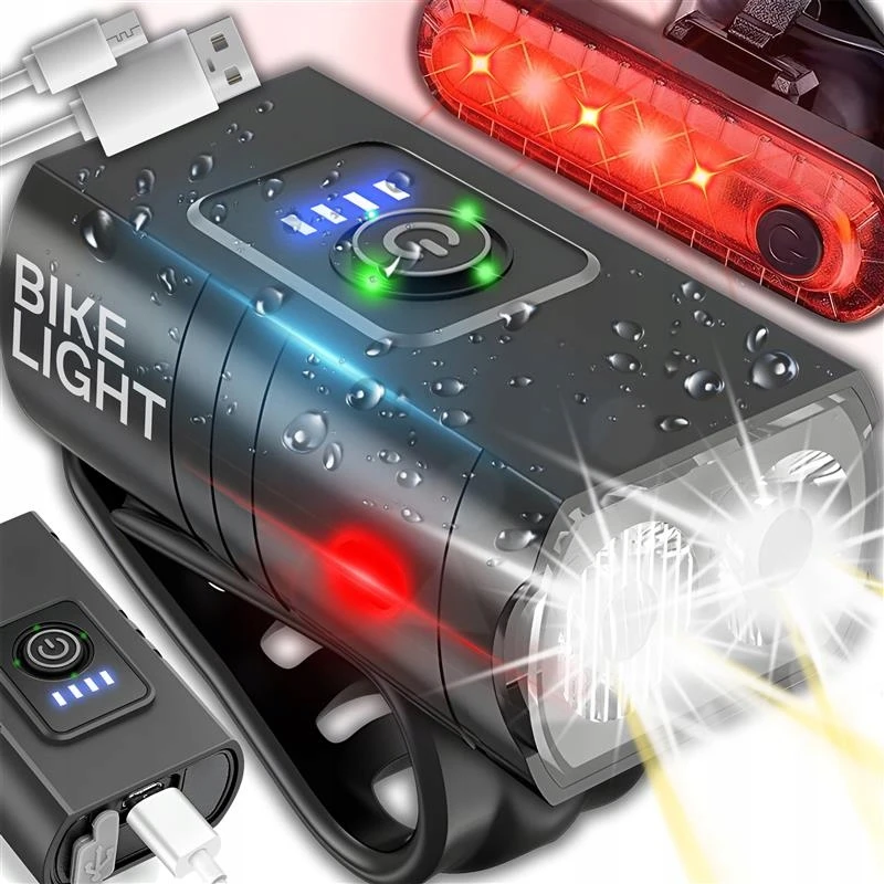 Dviračio žibintų rinkinys LED USB įkraunamas priekinis galinis vandeniui atsparus IPX4 6 režimai