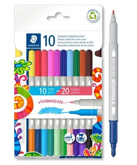 Flomasteriai STAEDTLER, dvipusiai, dvispalviai, 10 vnt.