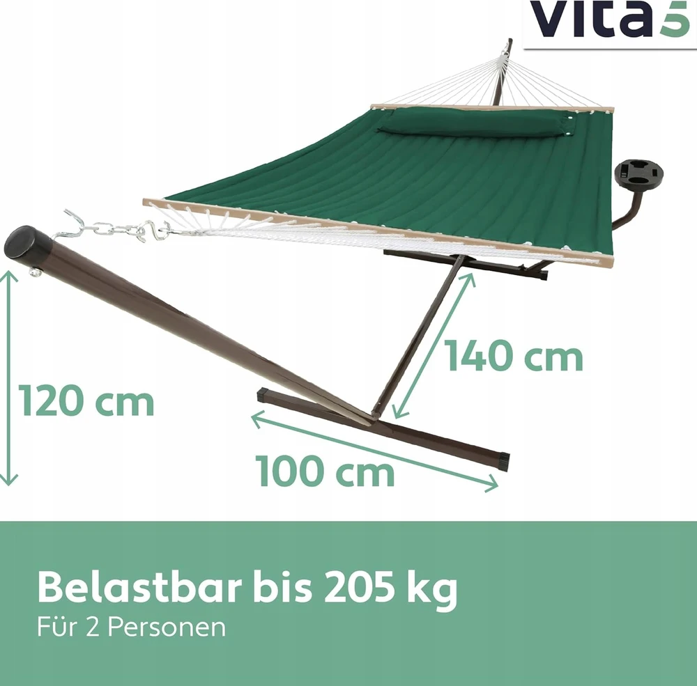 Dvivietis sodo hamakas su stovu ir staliuku, patogus iki 205 kg, žalias — sodo sūpynės, dvivietis gultas, balkono hamakas, poilsio baldai, plieno rėmas, hamakas su lentyna, terasos įranga