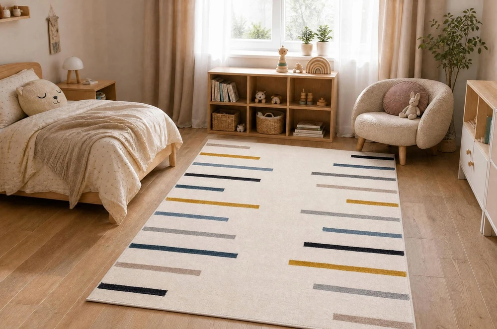 Dywany Uszczow Dywan DLA DZIECI GEOMETRYCZNY balta PASKI LINIE DWUPOZIOMOWY 140x190 cm
