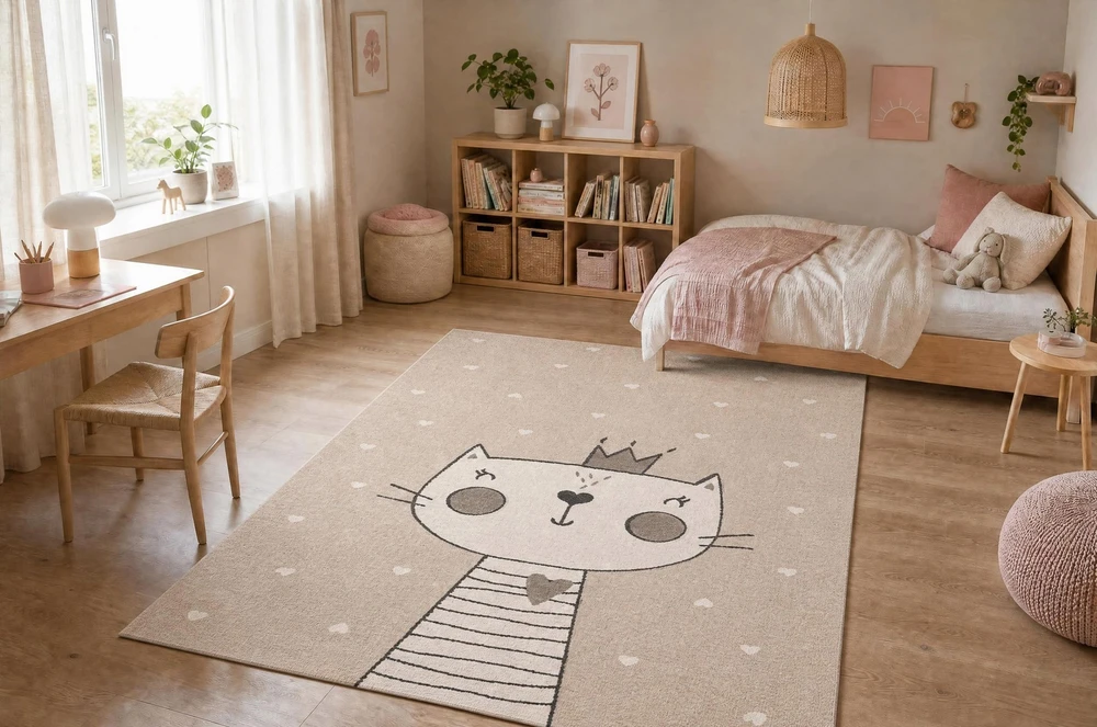 Dywany Uszczow Dywan DLA DZIECI KOT krem kotek korona SERDUSZKA DWUPOZIOMOWY 160x220 cm