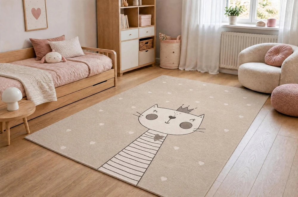 Dywany Uszczow Dywan DLA DZIECI KOT krem kotek korona SERDUSZKA DWUPOZIOMOWY 160x220 cm