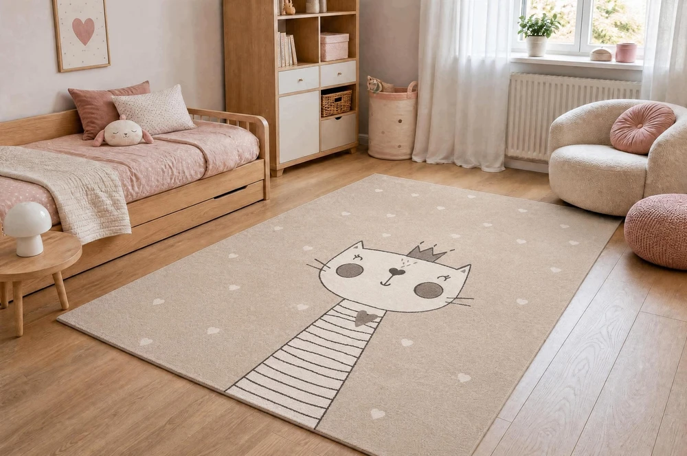 Dywany Uszczow Dywan DZIECIĘCY KOT krem kotek KOCIAK korona SERCA sensoryczny 80x150 cm