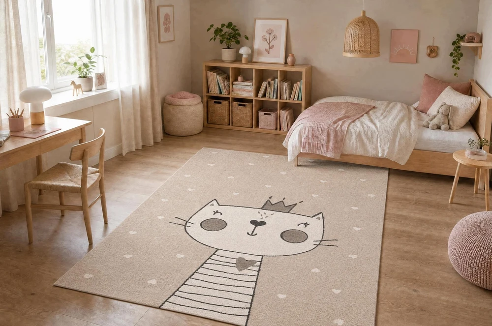 Dywany Uszczow Dywan DZIECIĘCY KOT krem kotek KOCIAK korona SERCA sensoryczny 120x170 cm