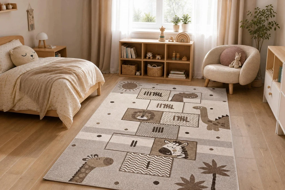 Dywany Uszczow Dywan DZIECIĘCY SAFARI beż gra w klasy zwierzęta sensoryczny 80x150 cm