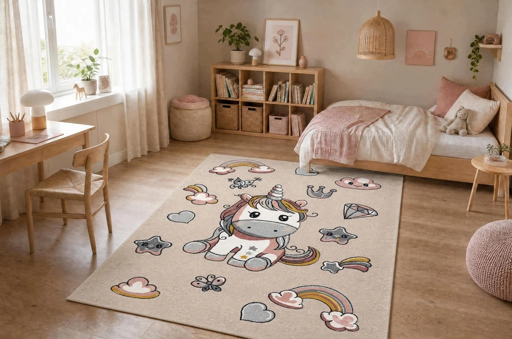 Dywany Uszczow Dywan DZIECIĘCY UNICORN krem jednorożec tęcza sensoryczny 120x170 cm