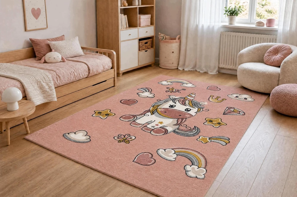 Dywany Uszczow Dywan DZIECIĘCY UNICORN róż jednorożec tęcza sensoryczny 80x150 cm