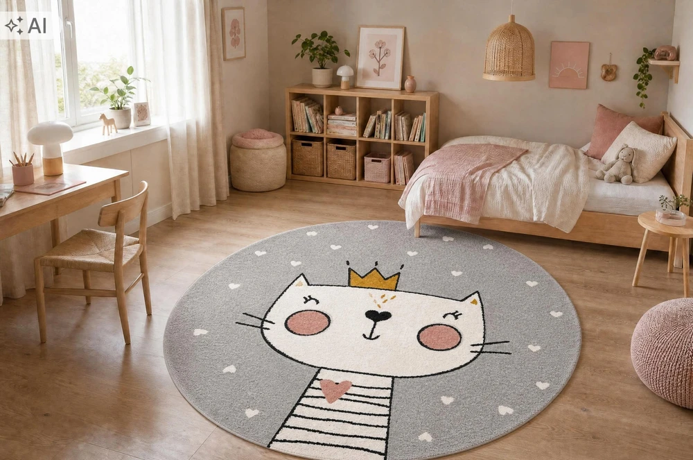 Dywany Uszczow Dywan KIDDO 140 koło KOTEK kot cat pilka w serca 140x140 kółko GRUBY