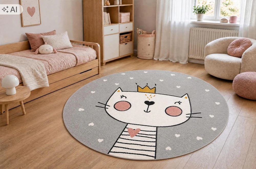 Dywany Uszczow Dywan KIDDO 140 koło KOTEK kot cat pilka w serca 140x140 kółko GRUBY