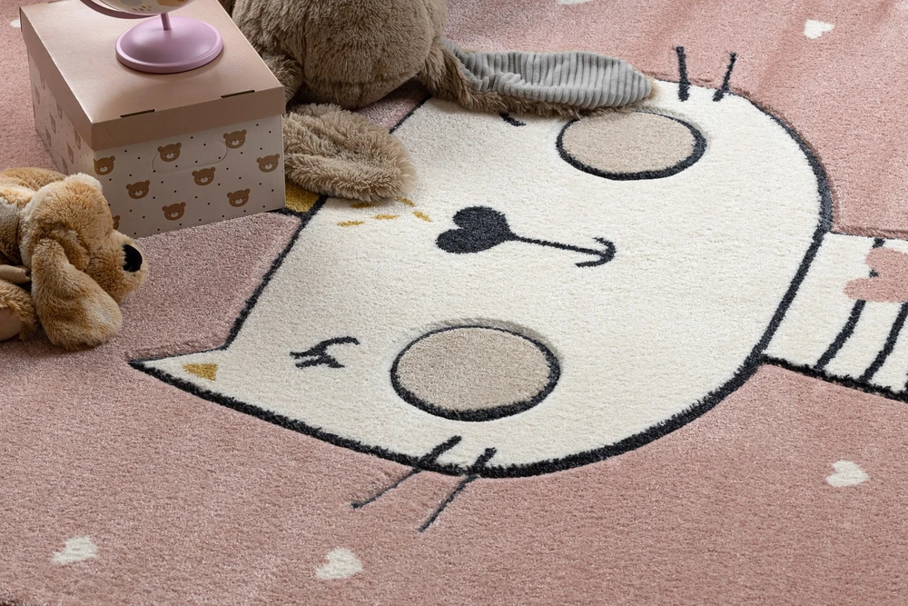 Dywany Uszczow Dywan KIDDO 140x190 KOTEK cat rožinė w serca dla dziewczynki su kotem GRUBY