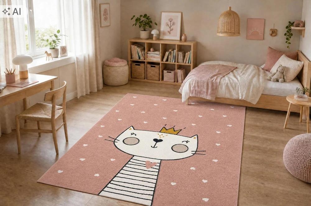 Dywany Uszczow Dywan KIDDO 140x190 KOTEK cat rožinė w serca dla dziewczynki su kotem GRUBY