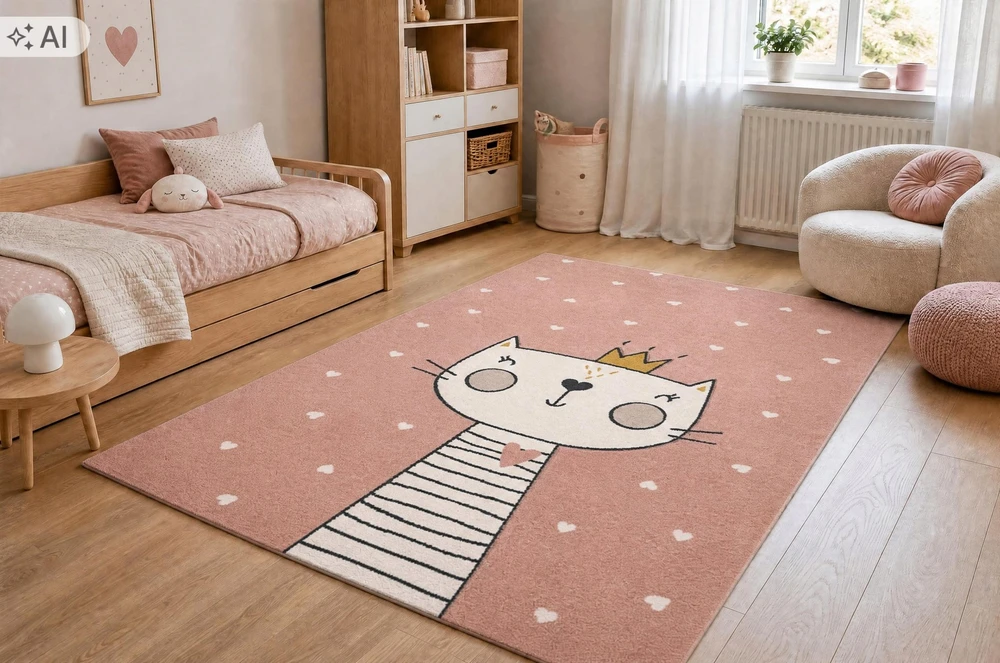 Dywany Uszczow Dywan KIDDO 140x190 KOTEK cat rožinė w serca dla dziewczynki su kotem GRUBY
