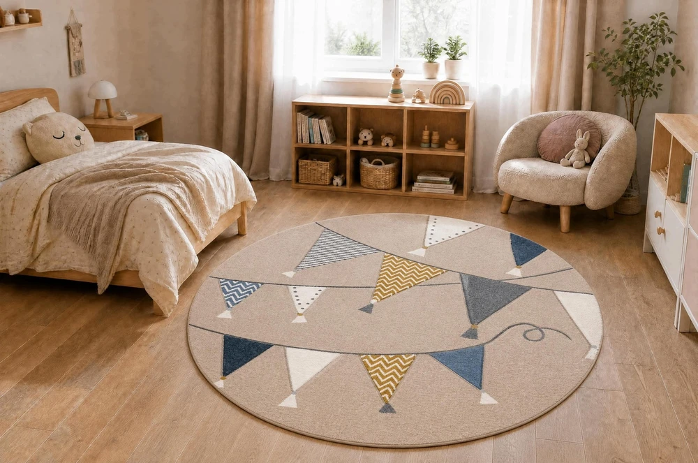 Dywany Uszczow Dywan KIDDO koło beż / balta trójkąty, party vaikams, sensoryczny 140 cm