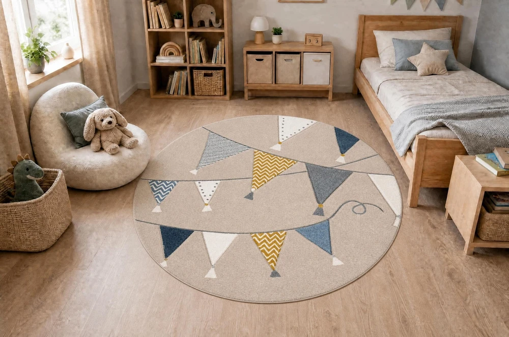 Dywany Uszczow Dywan KIDDO koło beż / balta trójkąty, party vaikams, sensoryczny 140 cm