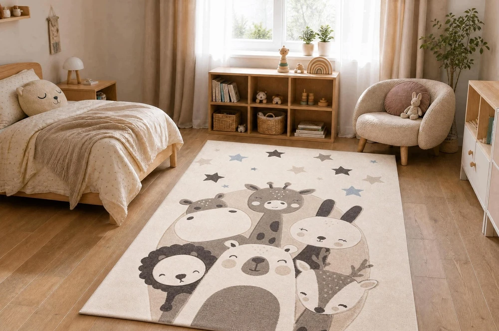 Dywany Uszczow KIDDO kiliminis kremas / smėlio spalvos gyvūnai, žvaigždės vaikams, sensorinis 80X150 CM