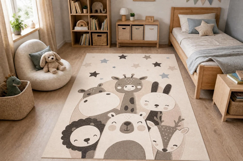 Dywany Uszczow KIDDO kiliminis kremas / smėlio spalvos gyvūnai, žvaigždės vaikams, sensorinis 80X150 CM