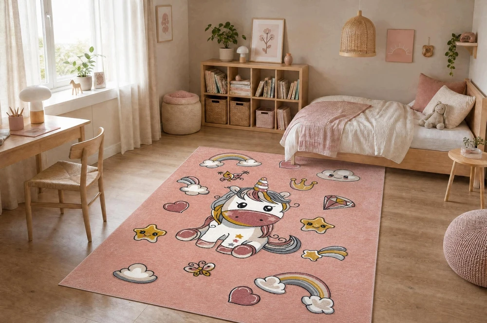 Dywany Uszczow VAIKŲ kilimėlis UNICORN rožinis vienaragis vaivorykštė sensorinis 120x170 cm
