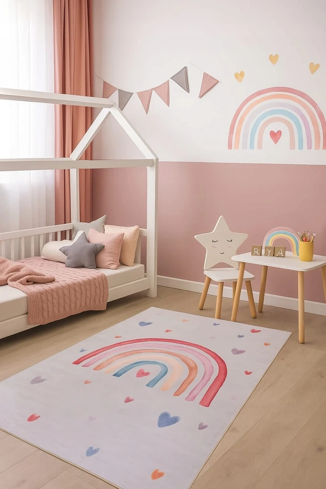 Dywanypers Dywan Bello TĘCZA 80x150 w stylu BOHO łuki tęcze smėlio spalva w serduszka plusz