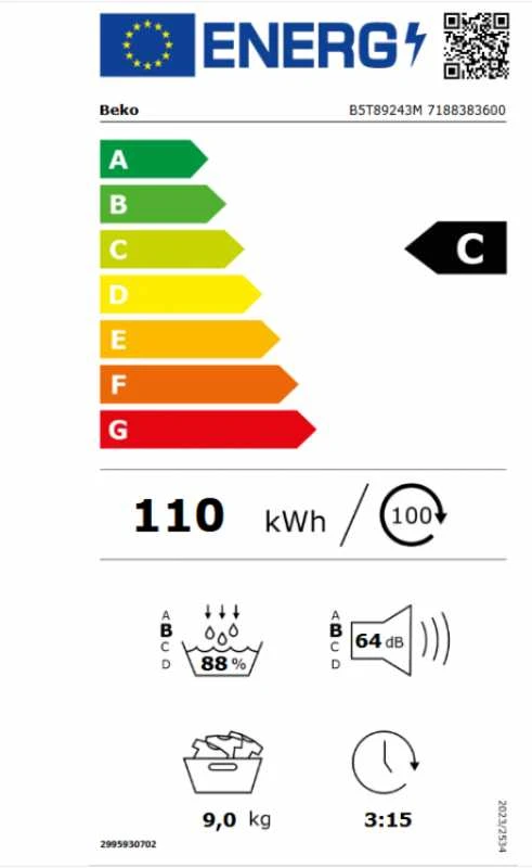 Džiovyklė su šilumos siurbliu Beko B5T89243M, 9 kg, Juoda