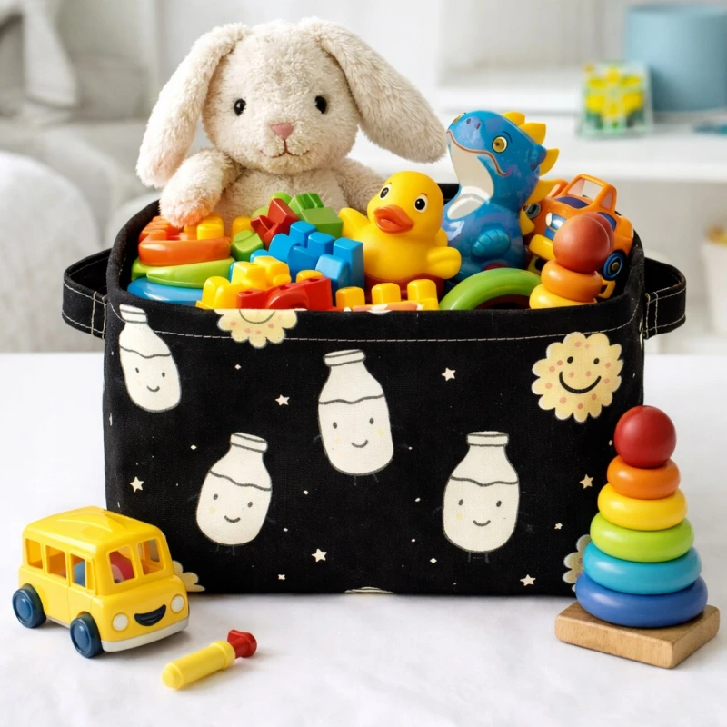 Ecarla ORGANIZER - KOSZ - NA ZABAWKI - JUODA W GWIAZDY I BUTELKI MLEKA - 16x20CM