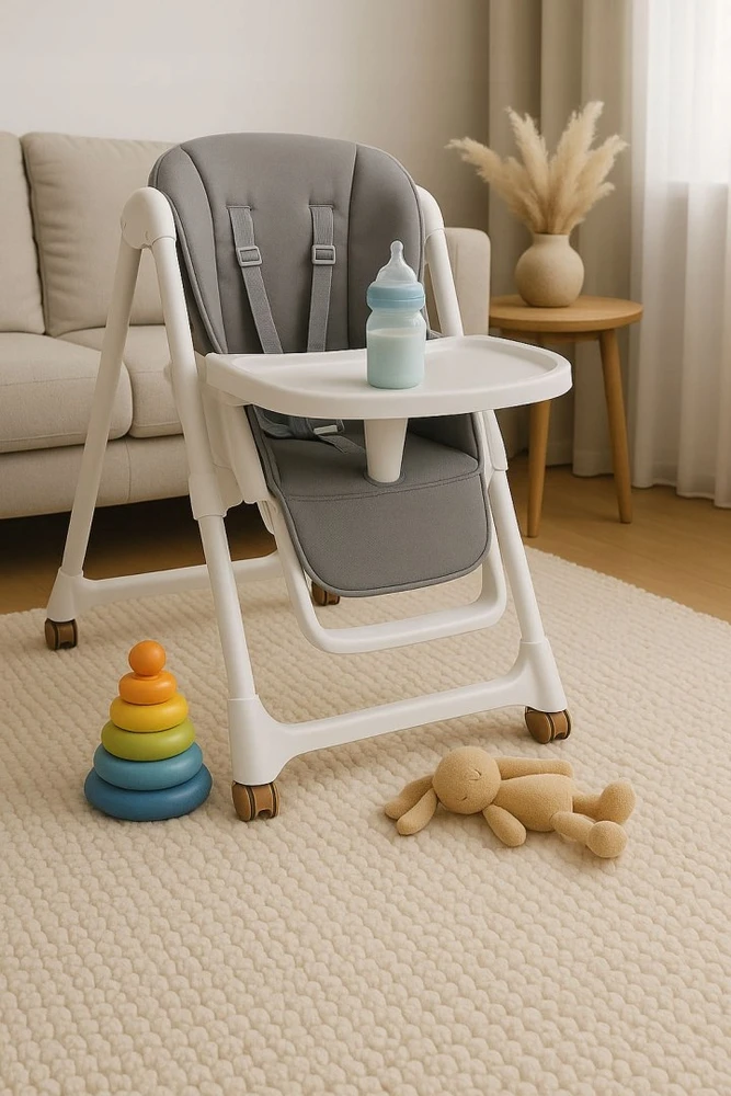 Ecotoys Reguliuojamo aukščio maitinimo kėdė su eko odos dirželiais, dvigubas padėklas